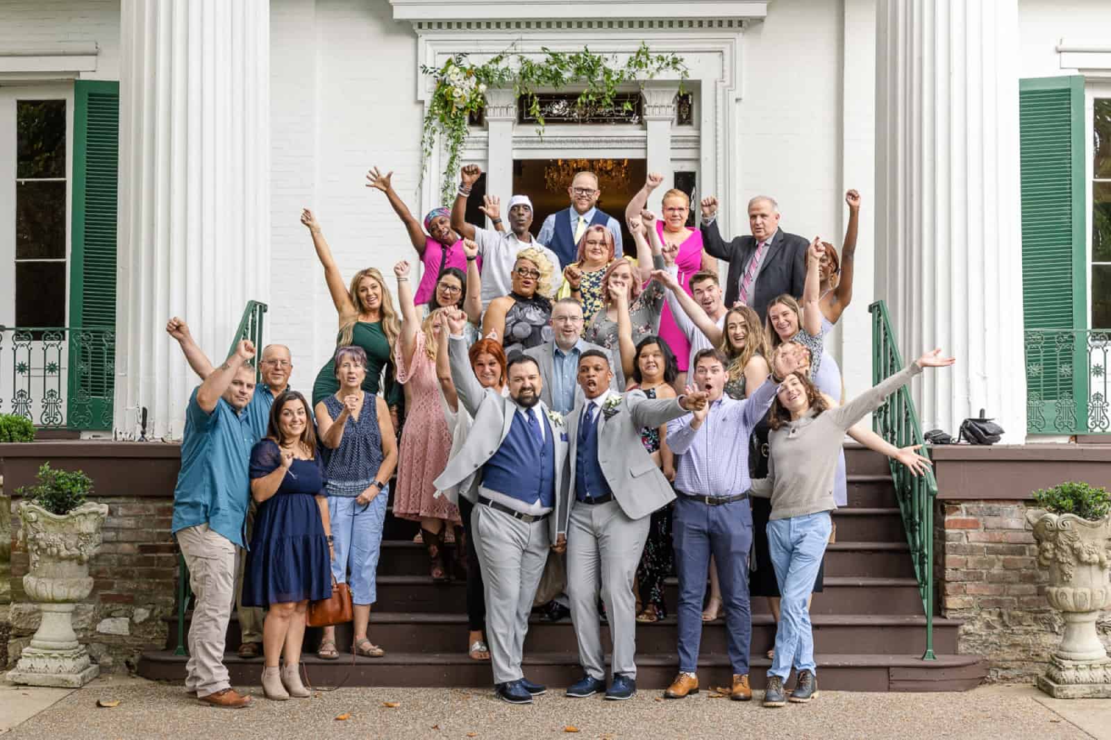 Wedding sendoff with group cheering